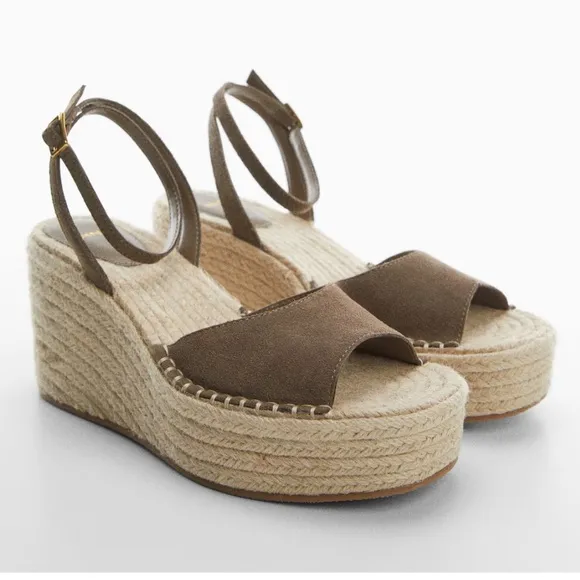 MANGO wedge leather sandals, jute, ankle strap