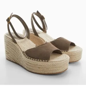 MANGO wedge leather sandals, jute, ankle strap