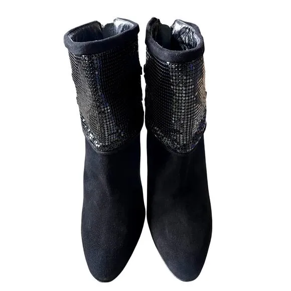 Manolo Blahnik Womens 9.5 Silver Sequin Suede Ankle Boots Stiletto Booties Black