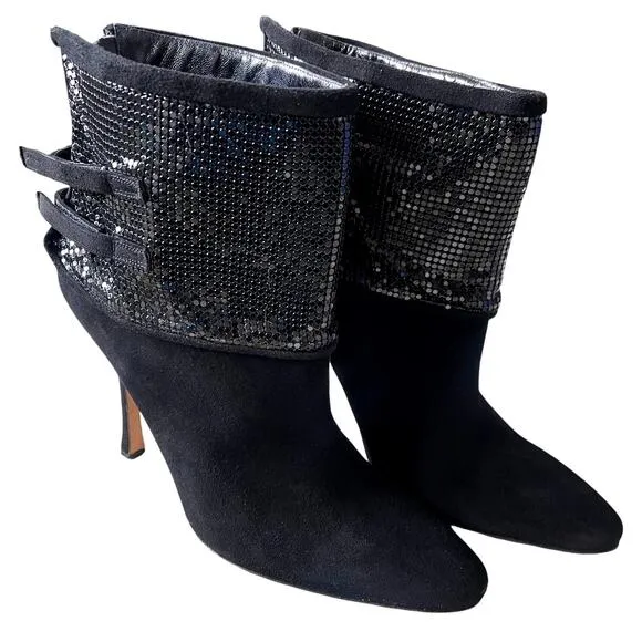 Manolo Blahnik Womens 9.5 Silver Sequin Suede Ankle Boots Stiletto Booties Black