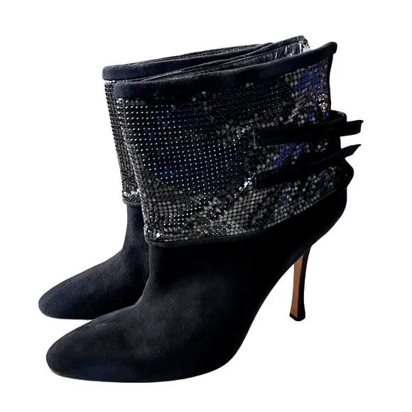 Manolo Blahnik Womens 9.5 Silver Sequin Suede Ankle Boots Stiletto Booties Black