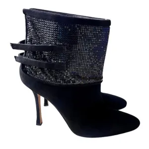 Manolo Blahnik Womens 9.5 Silver Sequin Suede Ankle Boots Stiletto Booties Black