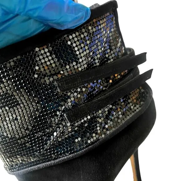 Manolo Blahnik Womens 9.5 Silver Sequin Suede Ankle Boots Stiletto Booties Black