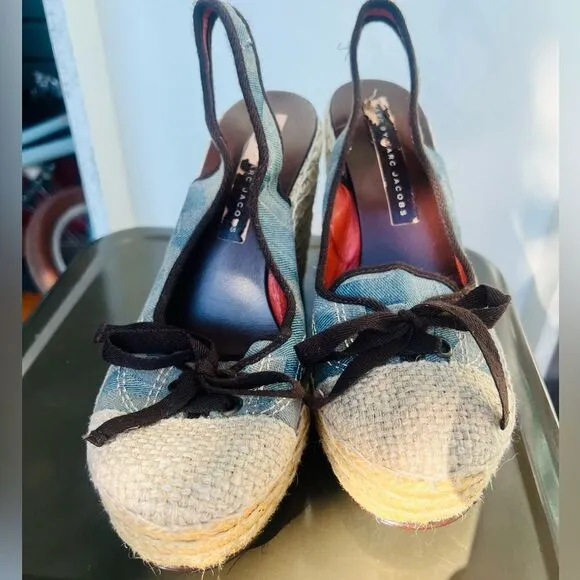 Marc by Marc Jacobs wedges shoes espadrilles logo fabric sling back wedge blue