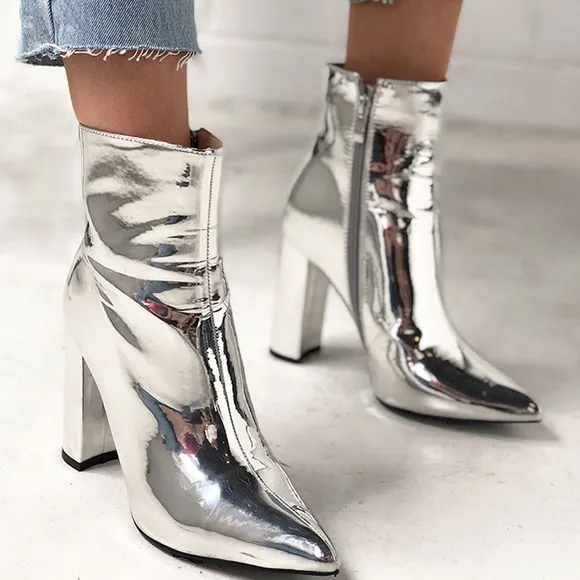 Matiko Metallic Silver Pointed Toe Block Heel Booties 7.5