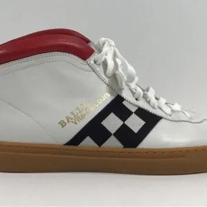 Men’s Bally Vita Parcours White High Top Sneakers with Red/Black Stripes Size 9D