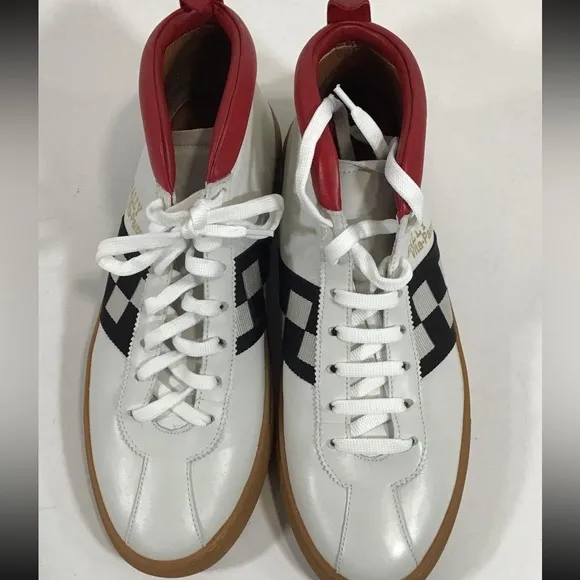 Men’s Bally Vita Parcours White High Top Sneakers with Red/Black Stripes Size 9D