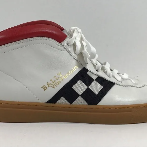 Men’s Bally Vita Parcours White High Top Sneakers with Red/Black Stripes Size 9D
