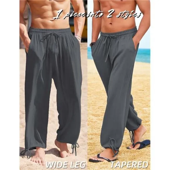 Men's Cotton Linen Pants Causal Harem Pants Elastic Waist Boho Trouser