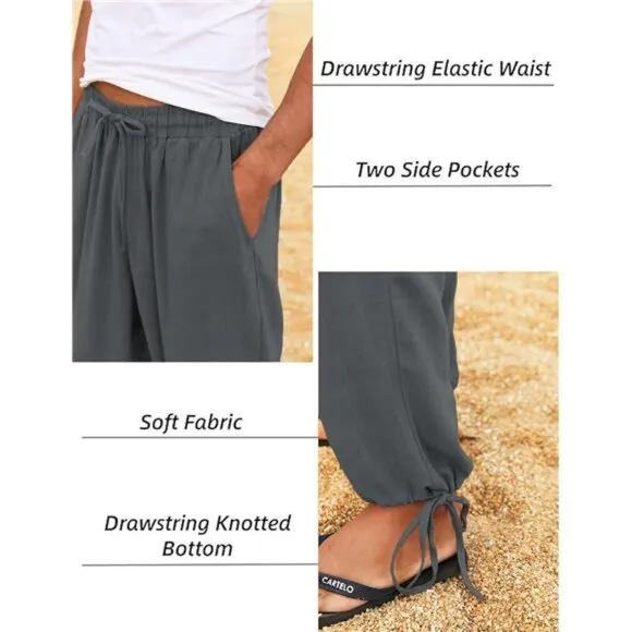 Men's Cotton Linen Pants Causal Harem Pants Elastic Waist Boho Trouser