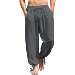 Men's Cotton Linen Pants Causal Harem Pants Elastic Waist Boho Trouser