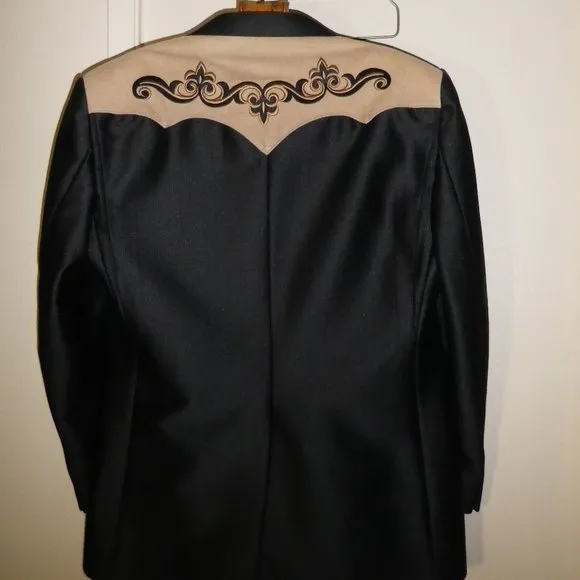 Mens Western Shiny Black With Embroidered Tan Suede Look Yokes &amp; Matching Slacks