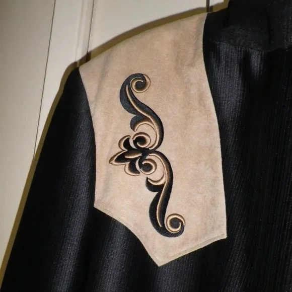 Mens Western Shiny Black With Embroidered Tan Suede Look Yokes &amp; Matching Slacks