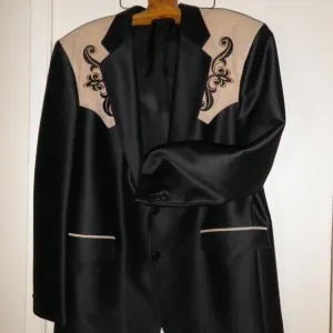 Mens Western Shiny Black With Embroidered Tan Suede Look Yokes &amp; Matching Slacks