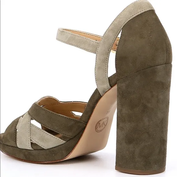 MICHAEL KORE ANNALIESE PEEP TOE, BLOCK HEEL, SUEDE, SANDALS, OLIVE GREEN…
