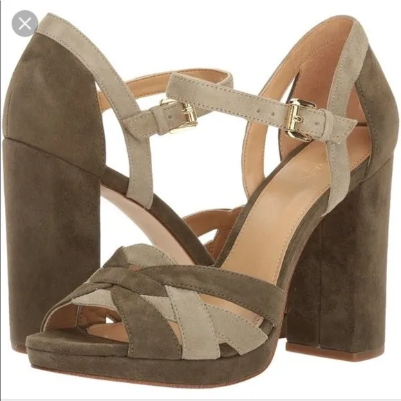 MICHAEL KORE ANNALIESE PEEP TOE, BLOCK HEEL, SUEDE, SANDALS, OLIVE GREEN…