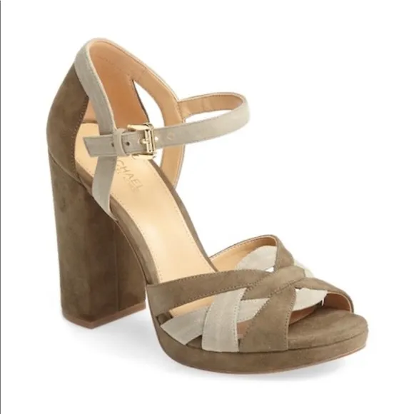 MICHAEL KORE ANNALIESE PEEP TOE, BLOCK HEEL, SUEDE, SANDALS, OLIVE GREEN…