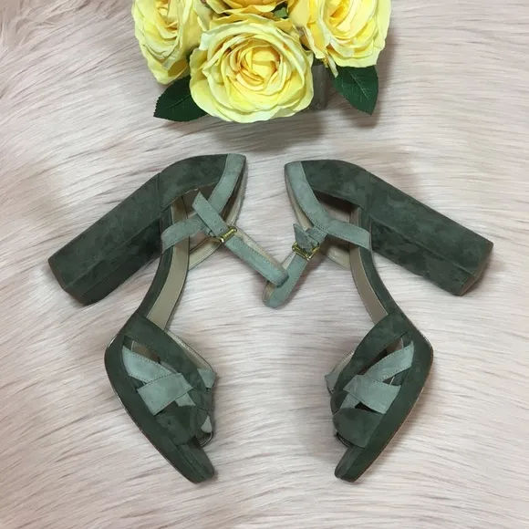 MICHAEL KORE ANNALIESE PEEP TOE, BLOCK HEEL, SUEDE, SANDALS, OLIVE GREEN…