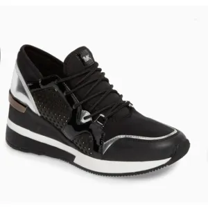 Michael Kors Black Scout Trainer Scuba Leather Wedge Sneaker Star Design 9
