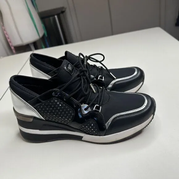 Michael Kors Black Scout Trainer Scuba Leather Wedge Sneaker Star Design 9