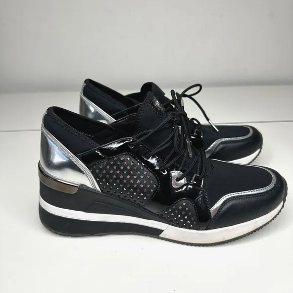Michael Kors Black Scout Trainer Scuba Leather Wedge Sneaker Star Design 9