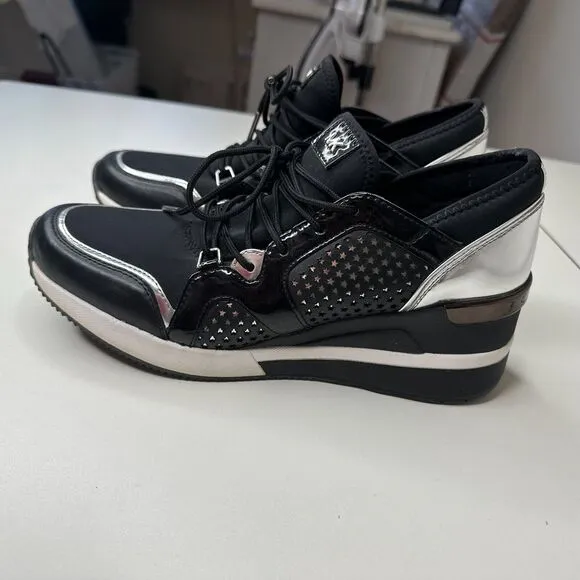 Michael Kors Black Scout Trainer Scuba Leather Wedge Sneaker Star Design 9
