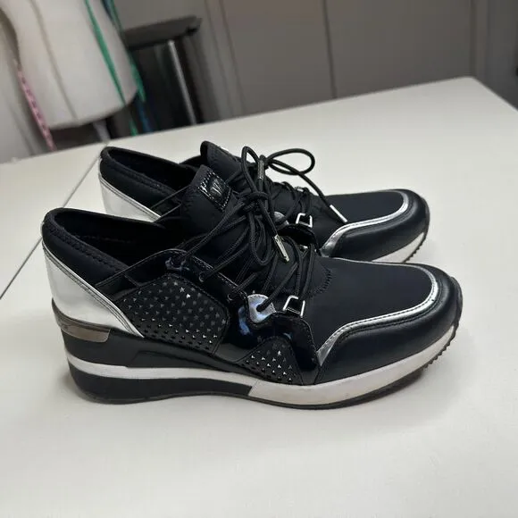 Michael Kors Black Scout Trainer Scuba Leather Wedge Sneaker Star Design 9