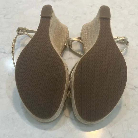 Michael Kors Kami T-Strap Gold Wedge Espadrille Sandals W/Box Sz 7- EUC