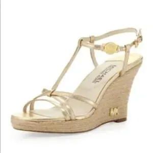 Michael Kors Kami T-Strap Gold Wedge Espadrille Sandals W/Box Sz 7- EUC