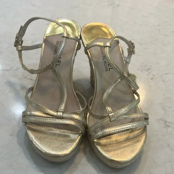 Michael Kors Kami T-Strap Gold Wedge Espadrille Sandals W/Box Sz 7- EUC