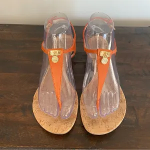 Michael Kors Thong Sandals Leather Lock Charm Orange Women's 7.5
