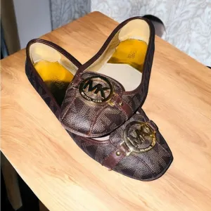 Michael Kors Womens 8.5M Fulton Ballet Flats Brown MK Logo Slip On Moccasin Shoe