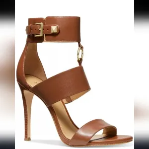 MICHAEL Michael Kors Amos Ankle Strap Sandals Heels Brown Leather Womens Size 9*