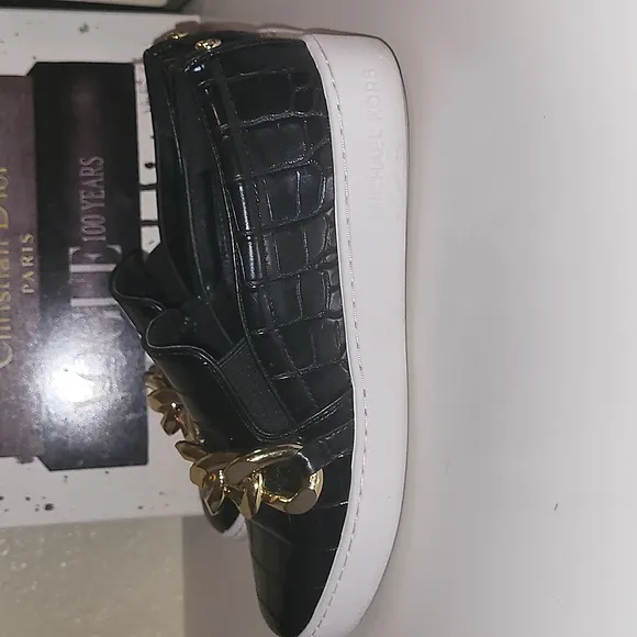 MICHAEL Michael Kors Black Embossed Crocodile Print Sneakers with Gold C…