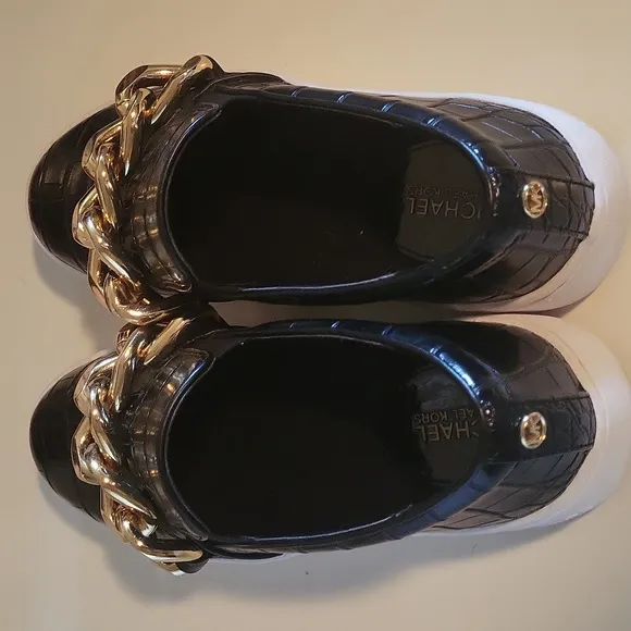 MICHAEL Michael Kors Black Embossed Crocodile Print Sneakers with Gold C…