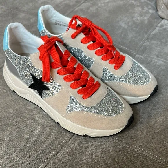 Mi.iM Silver Red Retro Sneakers with Glitter Accents