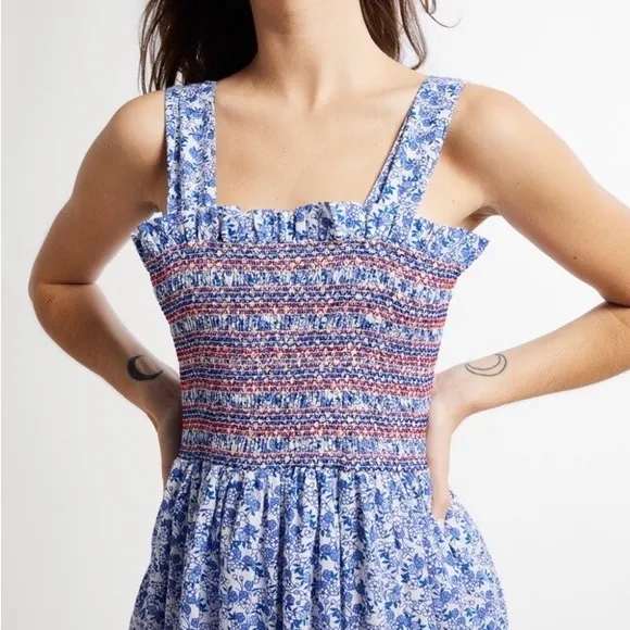 Mille $368 Garden Smocked Floral Sleeveless Vacation MaxiCottage Dress M