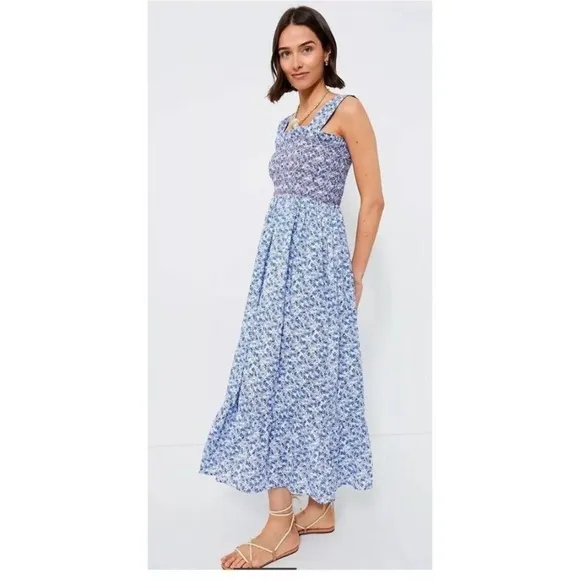 Mille $368 Garden Smocked Floral Sleeveless Vacation MaxiCottage Dress M