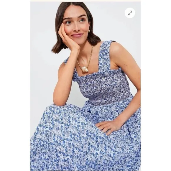 Mille $368 Garden Smocked Floral Sleeveless Vacation MaxiCottage Dress M