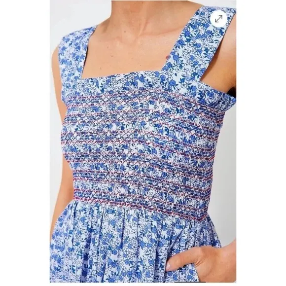 Mille $368 Garden Smocked Floral Sleeveless Vacation MaxiCottage Dress M