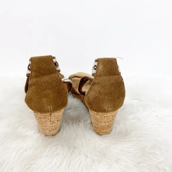Minnetonka 10 Womens Brown Suede Embroidered Strap Cork Wedge Sandals
