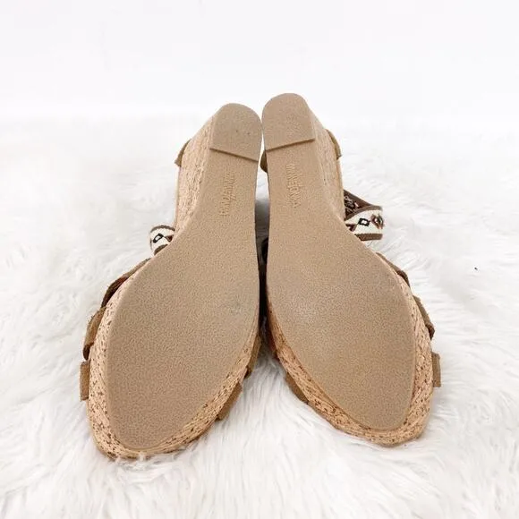 Minnetonka 10 Womens Brown Suede Embroidered Strap Cork Wedge Sandals