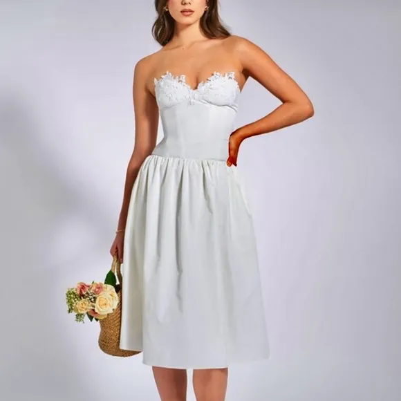 Miss Circle - white lace trim bustier corset drop waist cotton midi / maxi dress