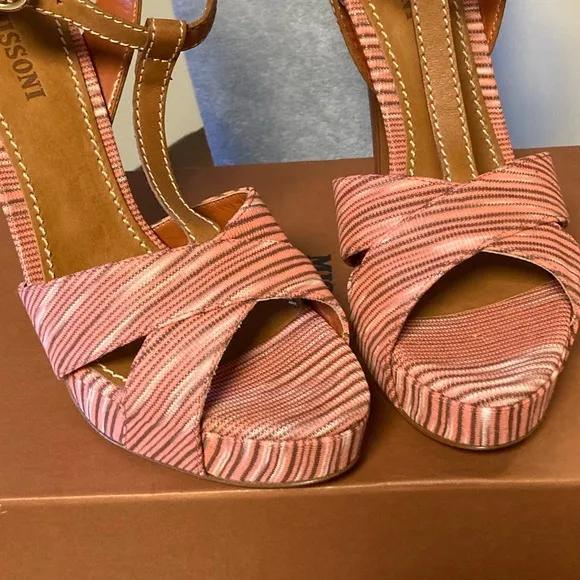 Missoni Italian Designer Signature Pink &amp; Tan T-Strap High Heel Sandals