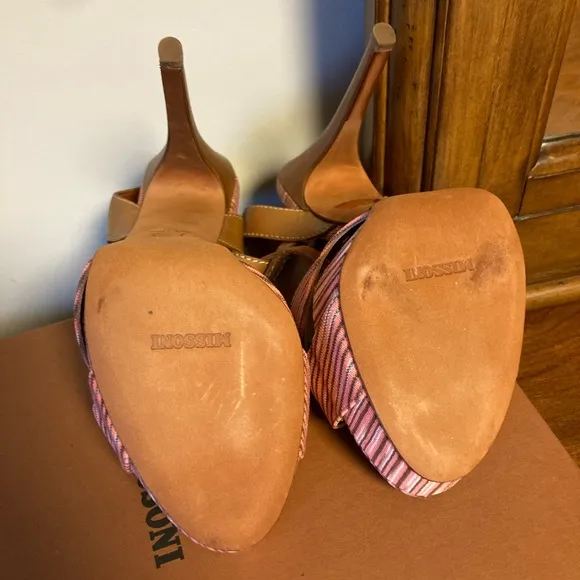 Missoni Italian Designer Signature Pink &amp; Tan T-Strap High Heel Sandals