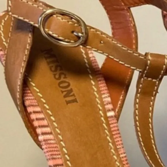 Missoni Italian Designer Signature Pink &amp; Tan T-Strap High Heel Sandals