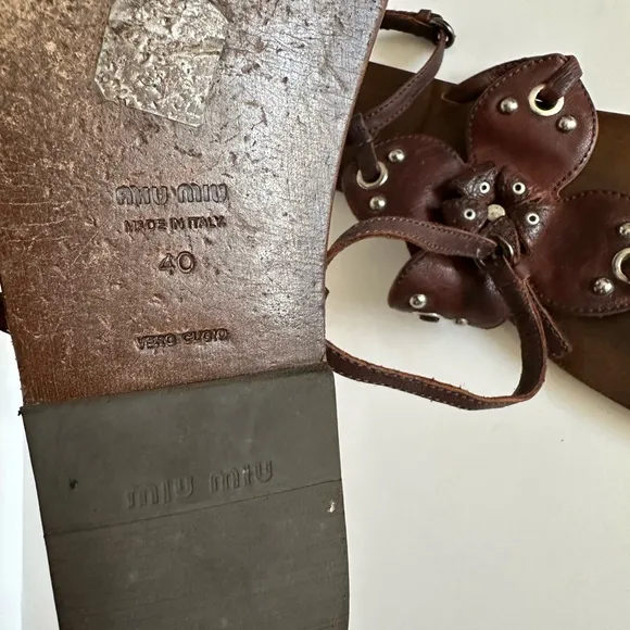 Miu Miu Floral Brown Leather Sandals