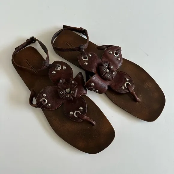 Miu Miu Floral Brown Leather Sandals