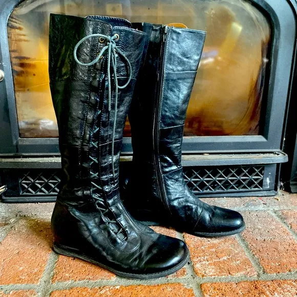 MIZ MOOZ BLITZ Black Leather Tall Full Zip Lace zip Wedge Boots SZ 6 RARE FIND!