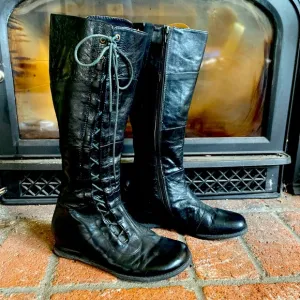 MIZ MOOZ BLITZ Black Leather Tall Full Zip Lace zip Wedge Boots SZ 6 RARE FIND!